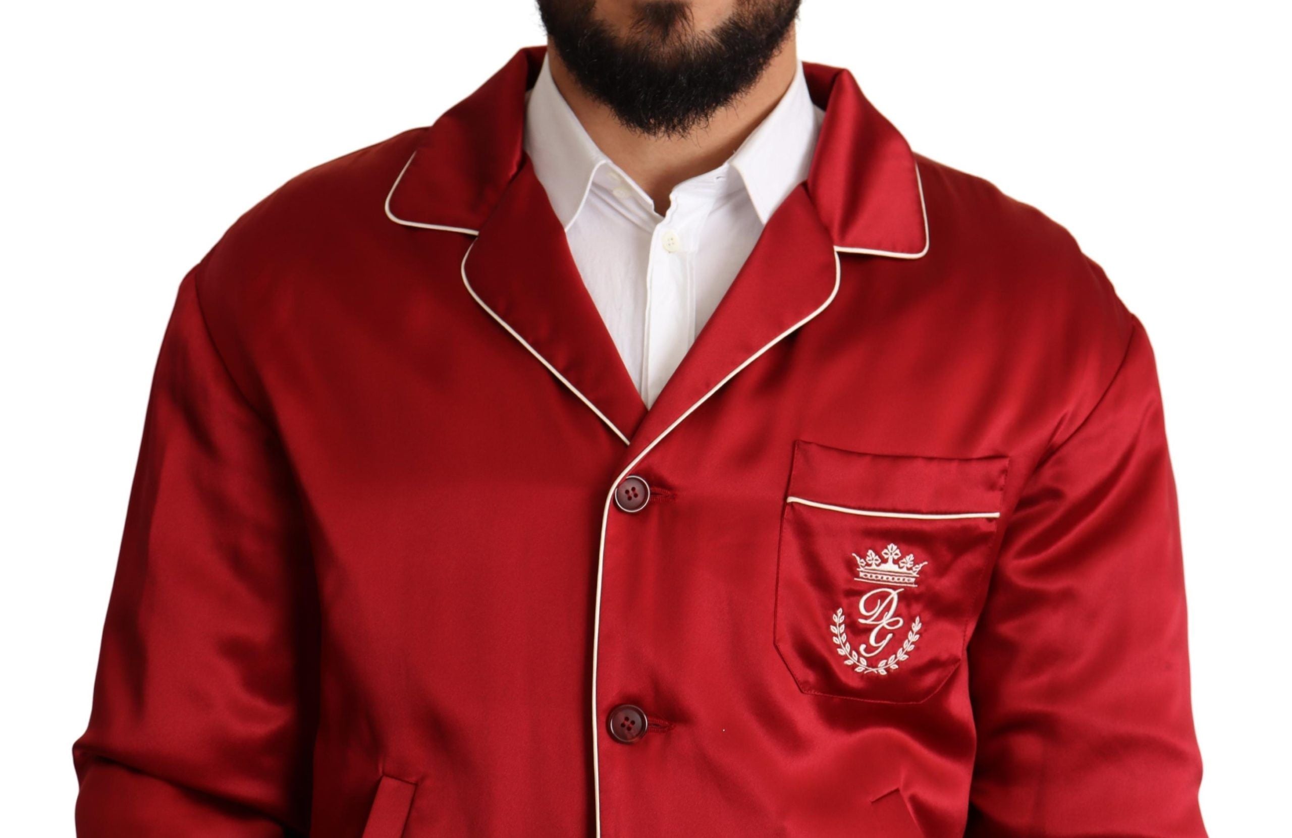 Dolce & Gabbana Red Silk Button DG Logo Bomber Men's Jacket