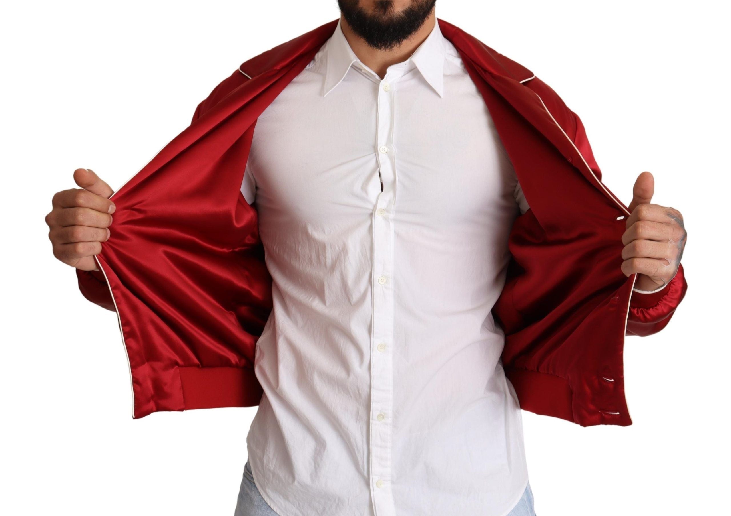 Dolce & Gabbana Red Silk Button DG Logo Bomber Men's Jacket