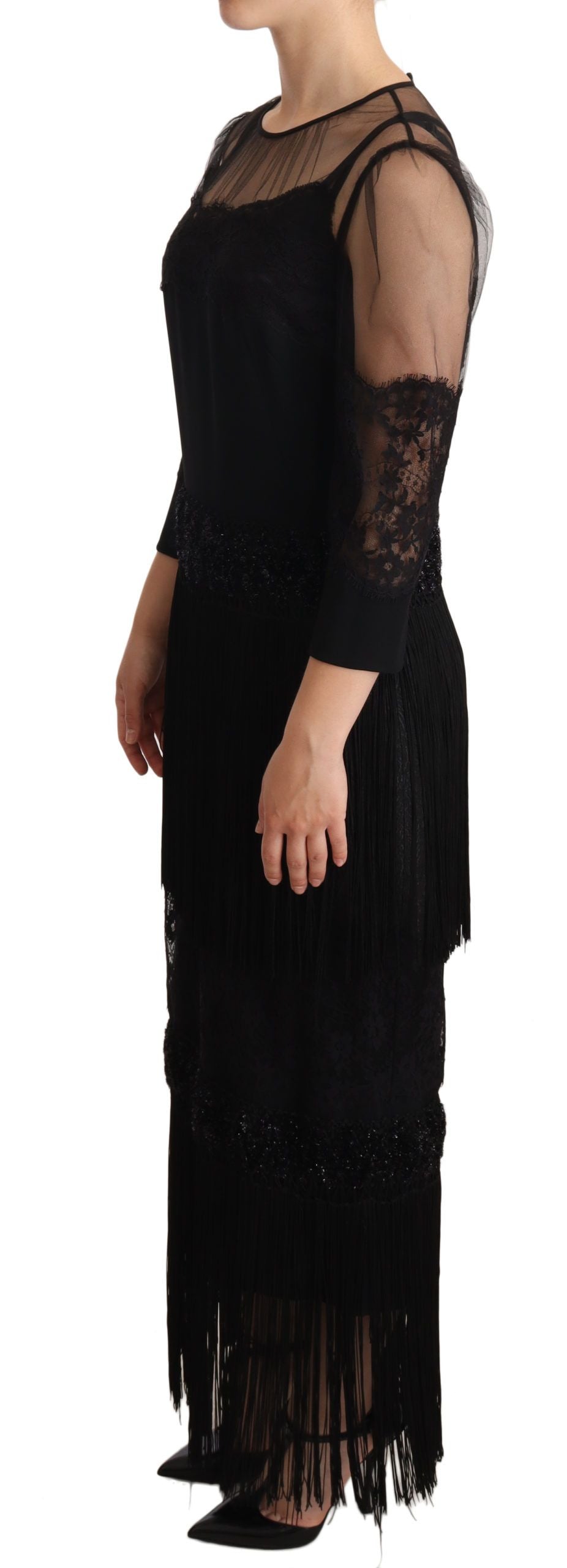 Dolce & Gabbana Black Sheer Floral Lace Crystal Maxi Women's Dress