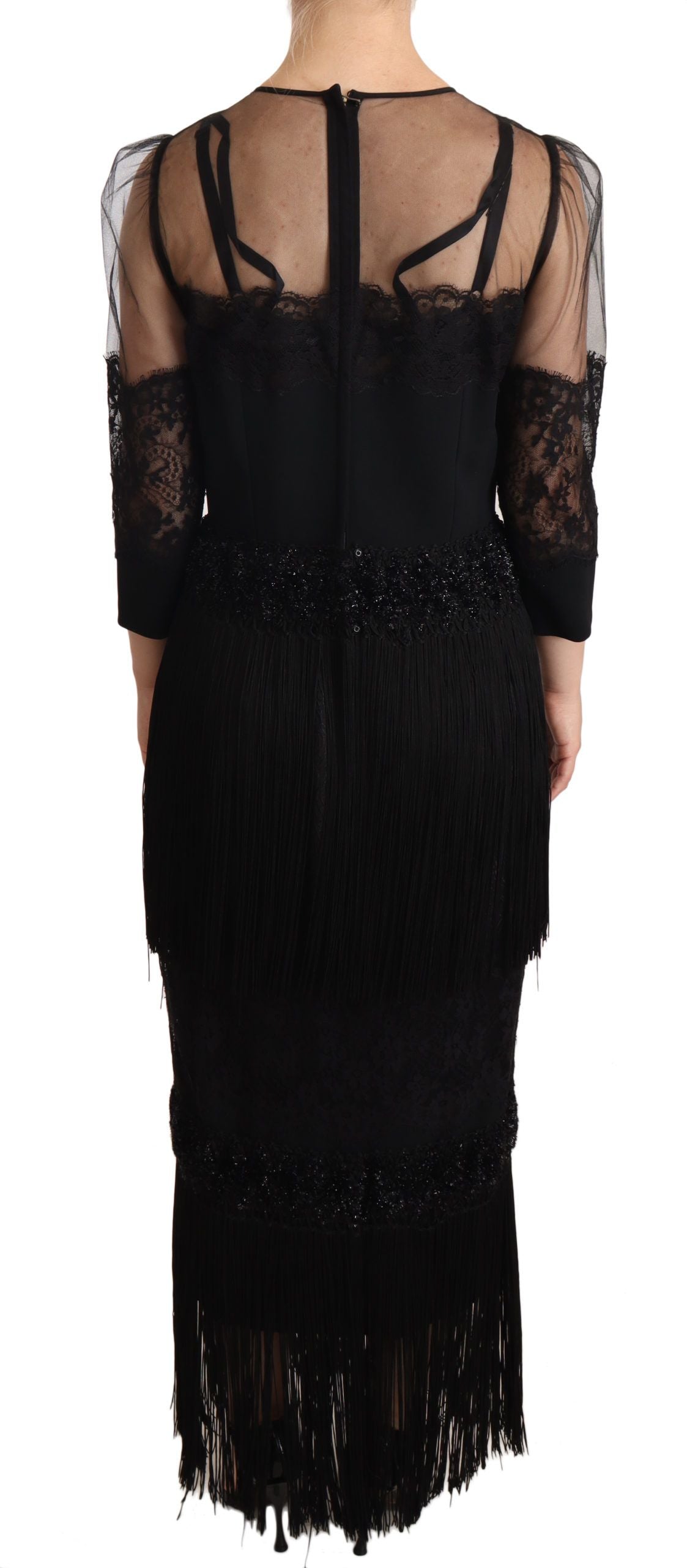 Dolce & Gabbana Black Sheer Floral Lace Crystal Maxi Women's Dress