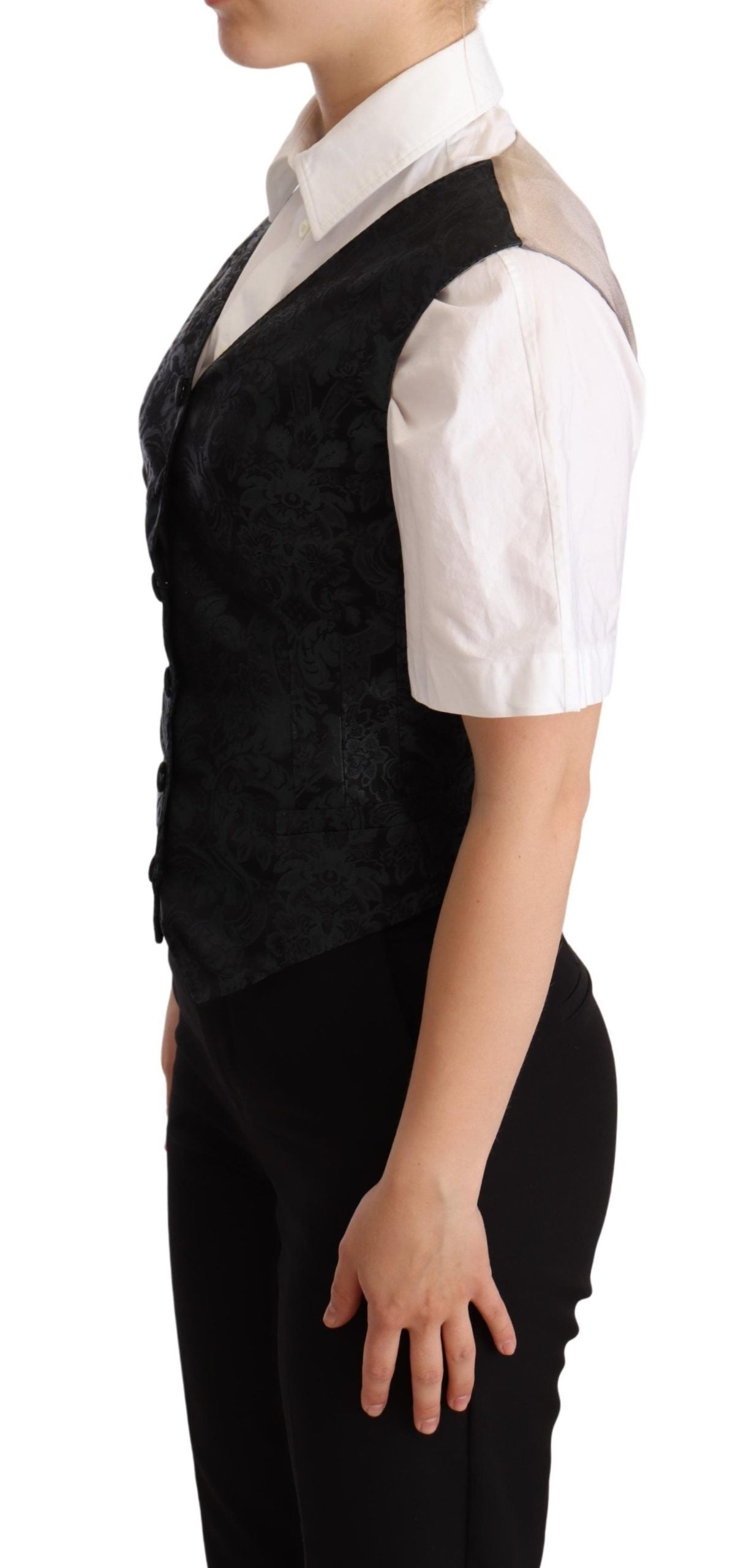 Dolce & Gabbana Black Jacquard Floral Waistcoat Vest Women's Green
