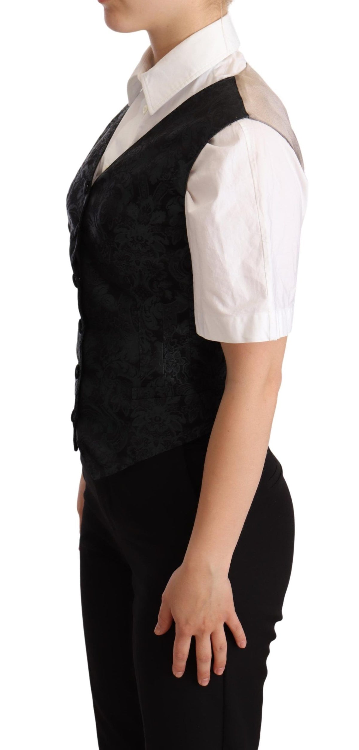 Dolce & Gabbana Black Jacquard Floral Waistcoat Vest Women's Green