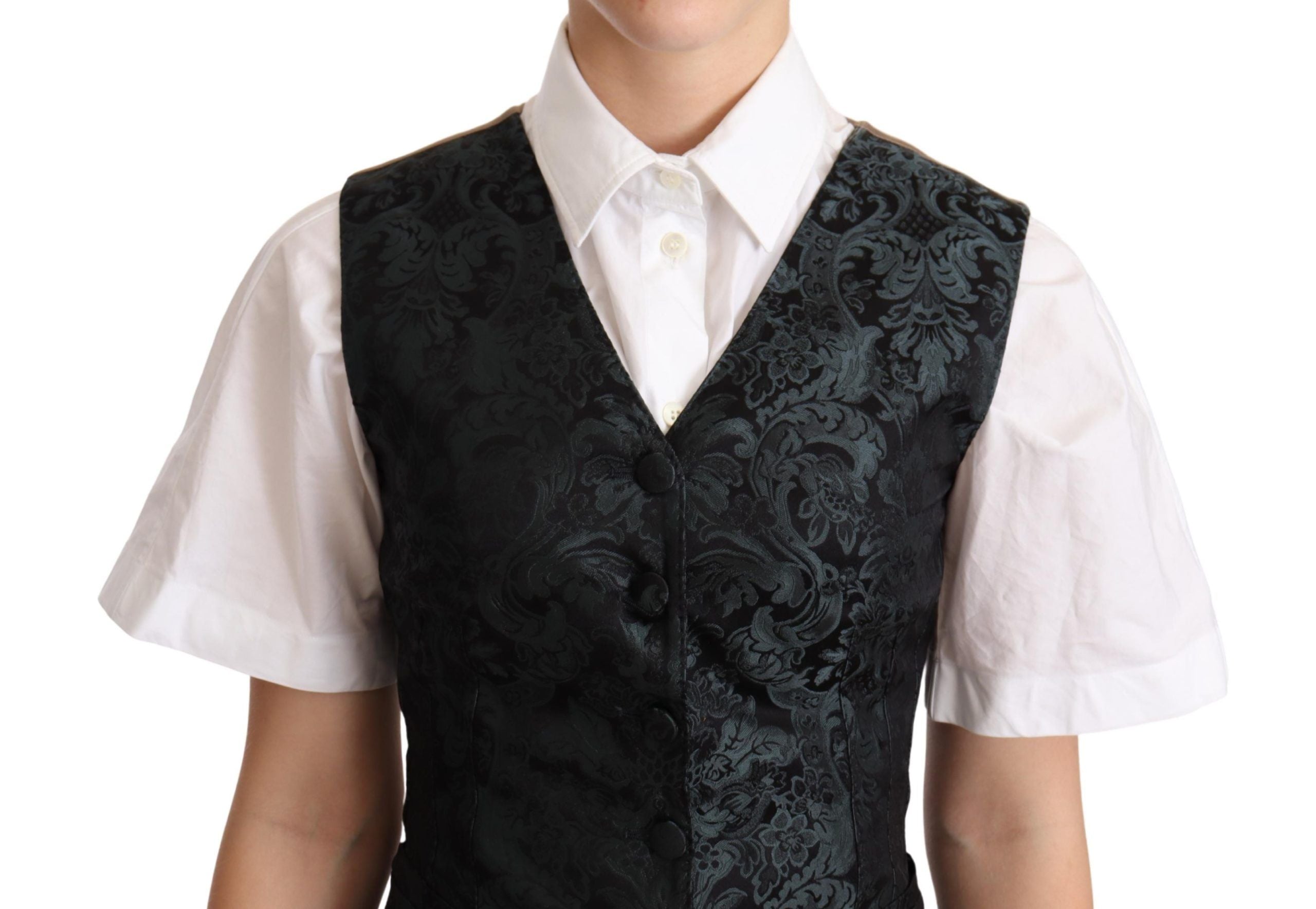 Dolce & Gabbana Black Jacquard Floral Waistcoat Vest Women's Green