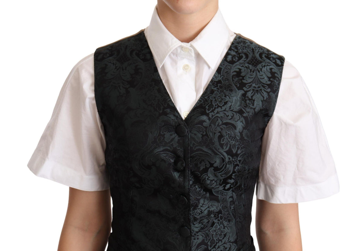 Dolce & Gabbana Black Jacquard Floral Waistcoat Vest Women's Green