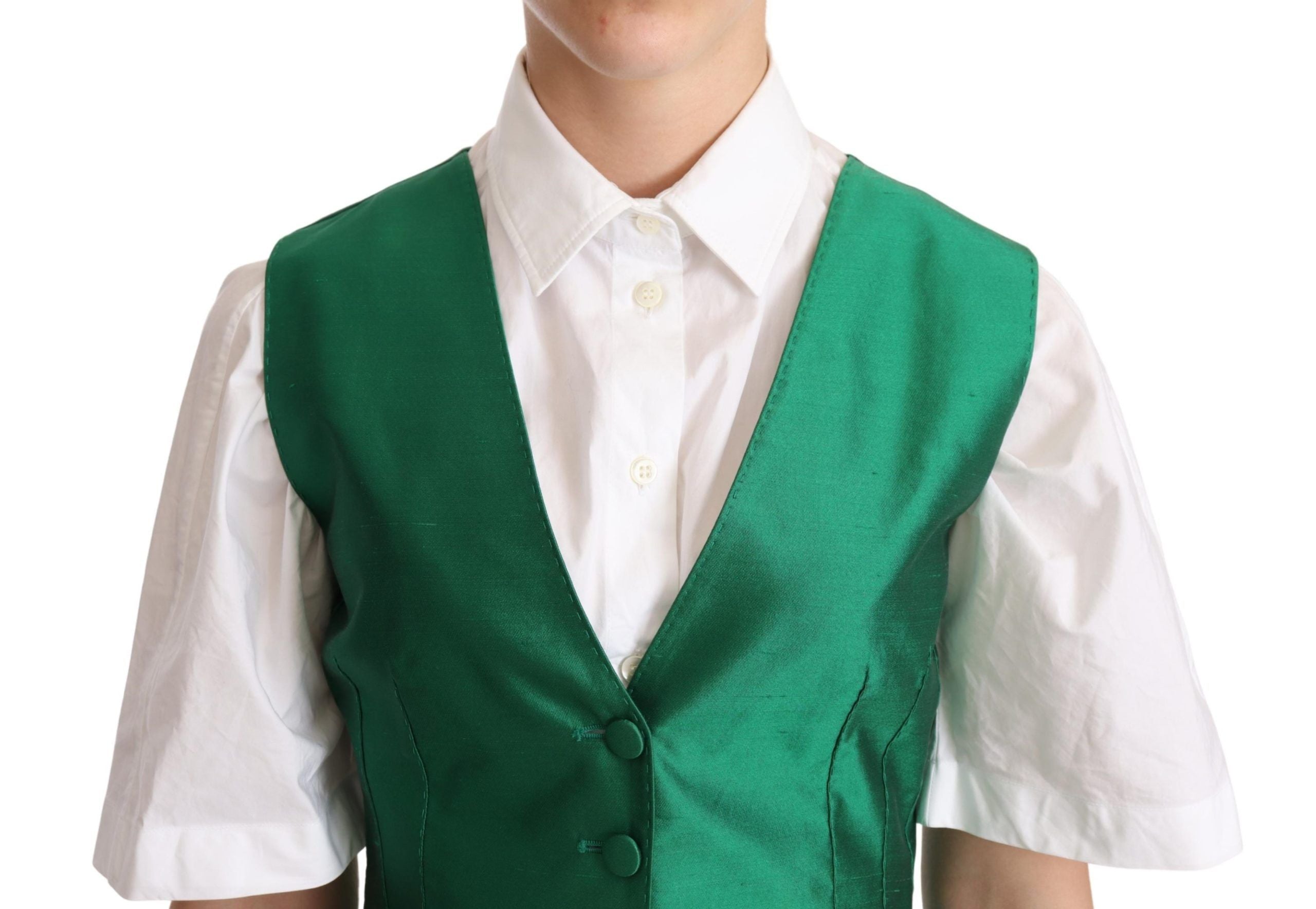 Dolce & Gabbana Green Silk Satin Sleeveless Waistcoat Women's Vest