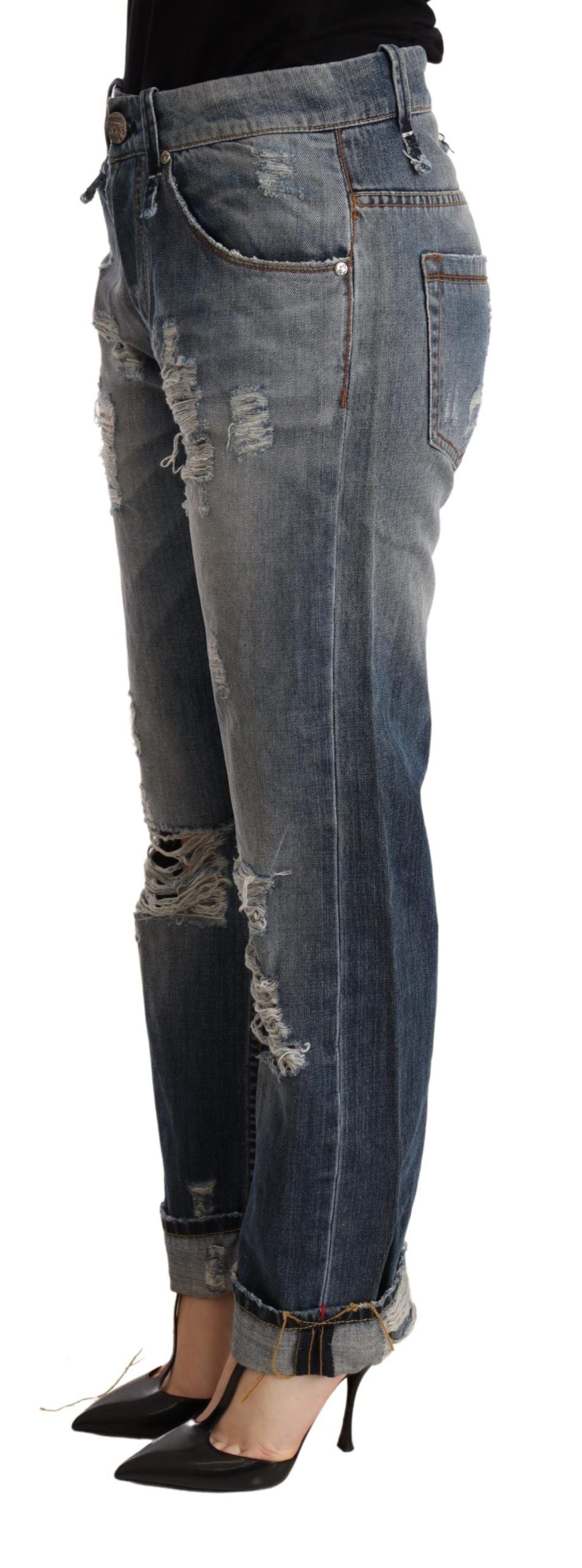 Acht Blue Tattered Mid Waist Straight Denim Women's Trouser