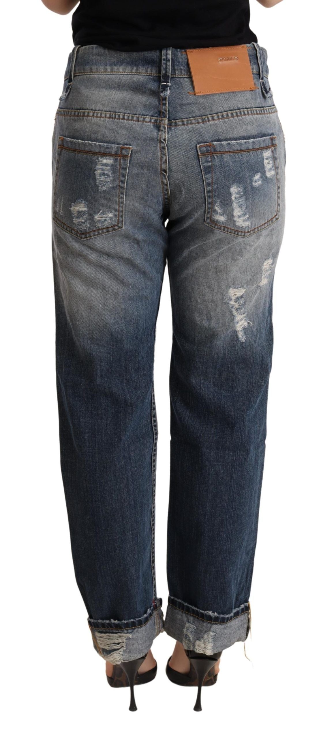 Acht Blue Tattered Mid Waist Straight Denim Women's Trouser