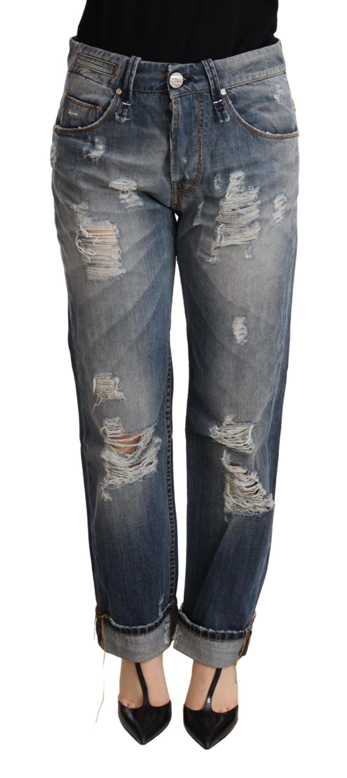 Acht Blue Tattered Mid Waist Straight Denim Women's Trouser