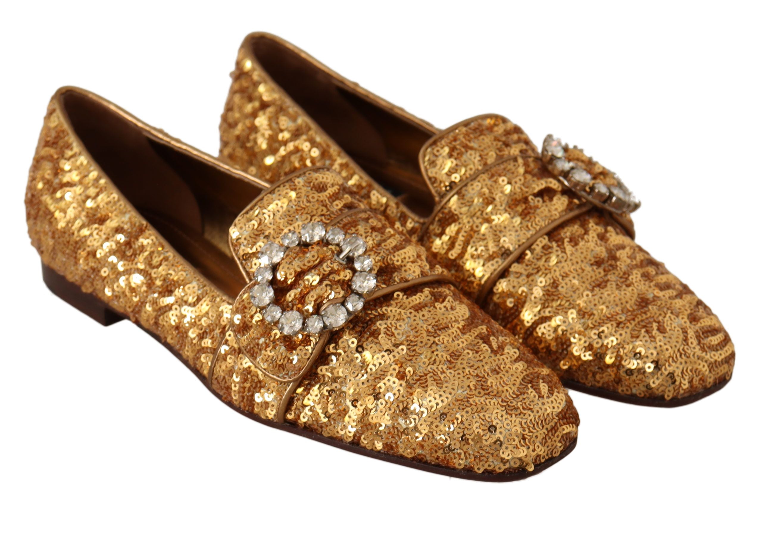 Dolce & Gabbana Gold Sequin Crystal Flat Women Loafers Women's Shoes