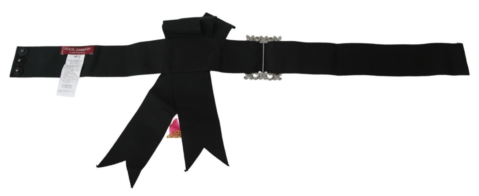 Dolce & Gabbana Black Pink Flower Brooch Crystals Cotton Women's Belt