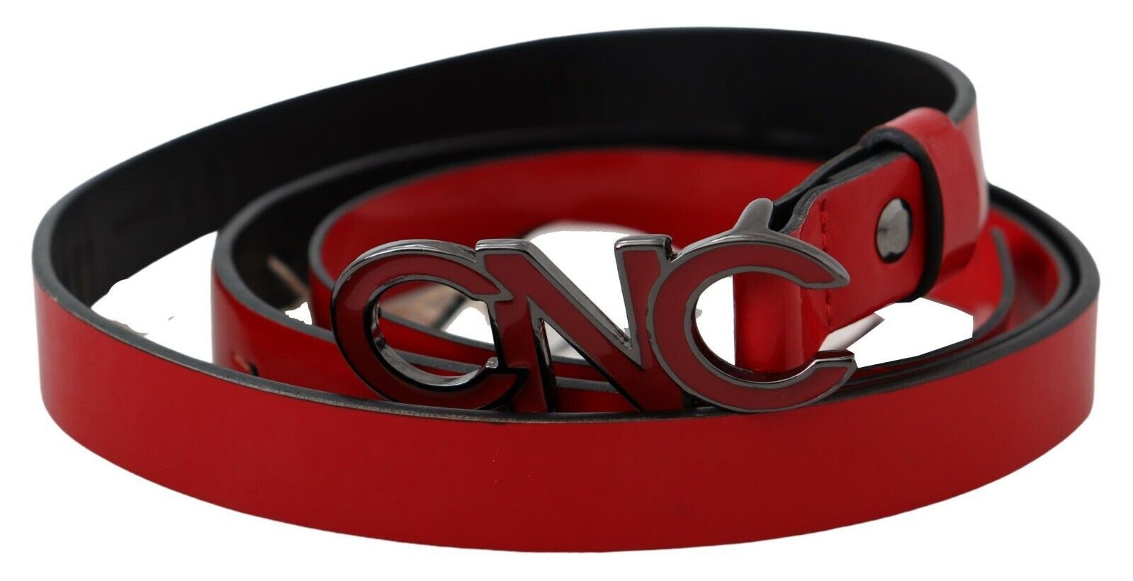 Costume National Red Black Reversible Leather Logo Buckle Women's Belt