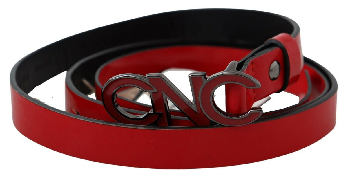 Costume National Red Black Reversible Leather Logo Buckle Women's Belt