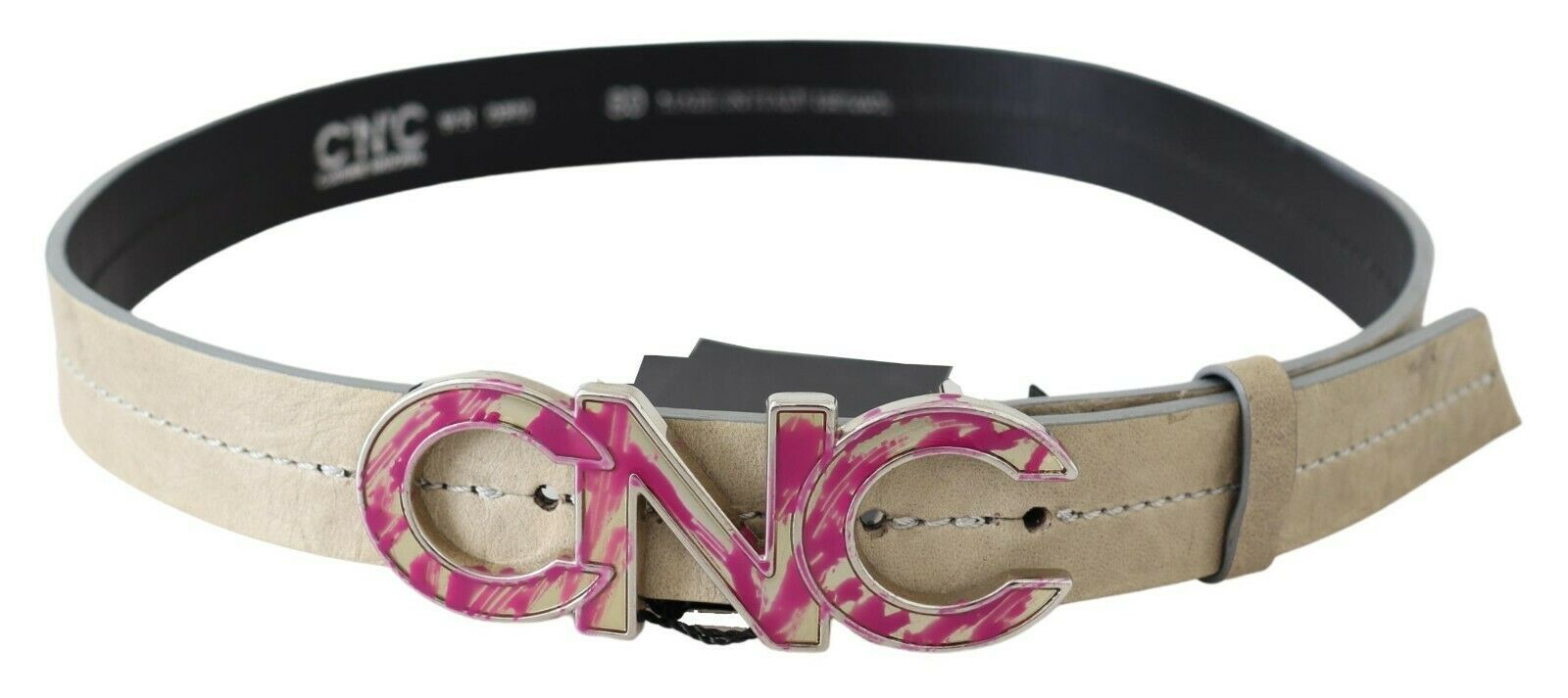 Costume National Beige Leather Pink Letter Logo Buckle Women's Belt