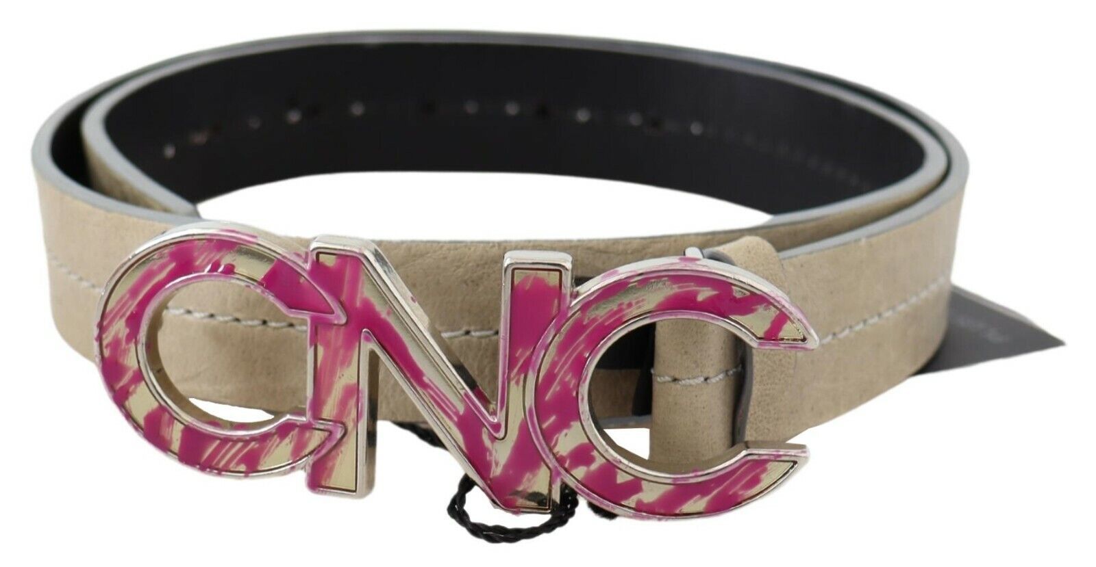 Costume National Beige Leather Pink Letter Logo Buckle Women's Belt