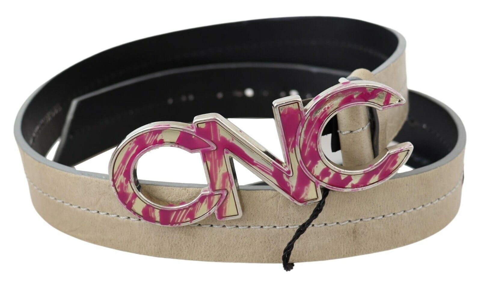 Costume National Beige Leather Pink Letter Logo Buckle Women's Belt
