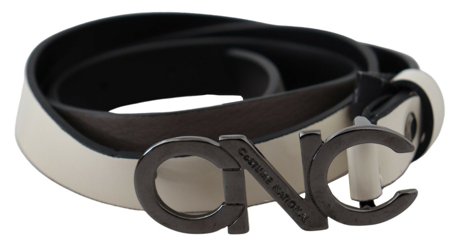 Costume National White Black Leather Letter Logo Buckle Women's Belt