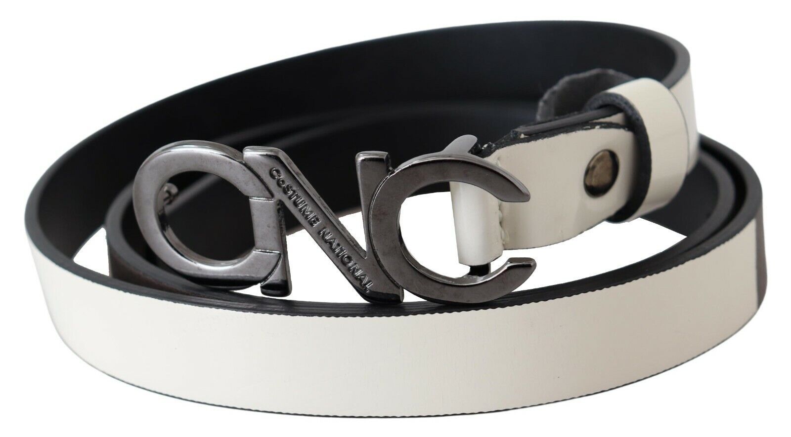 Costume National Women's Mettalic Gray Leather Logo Women's Belt