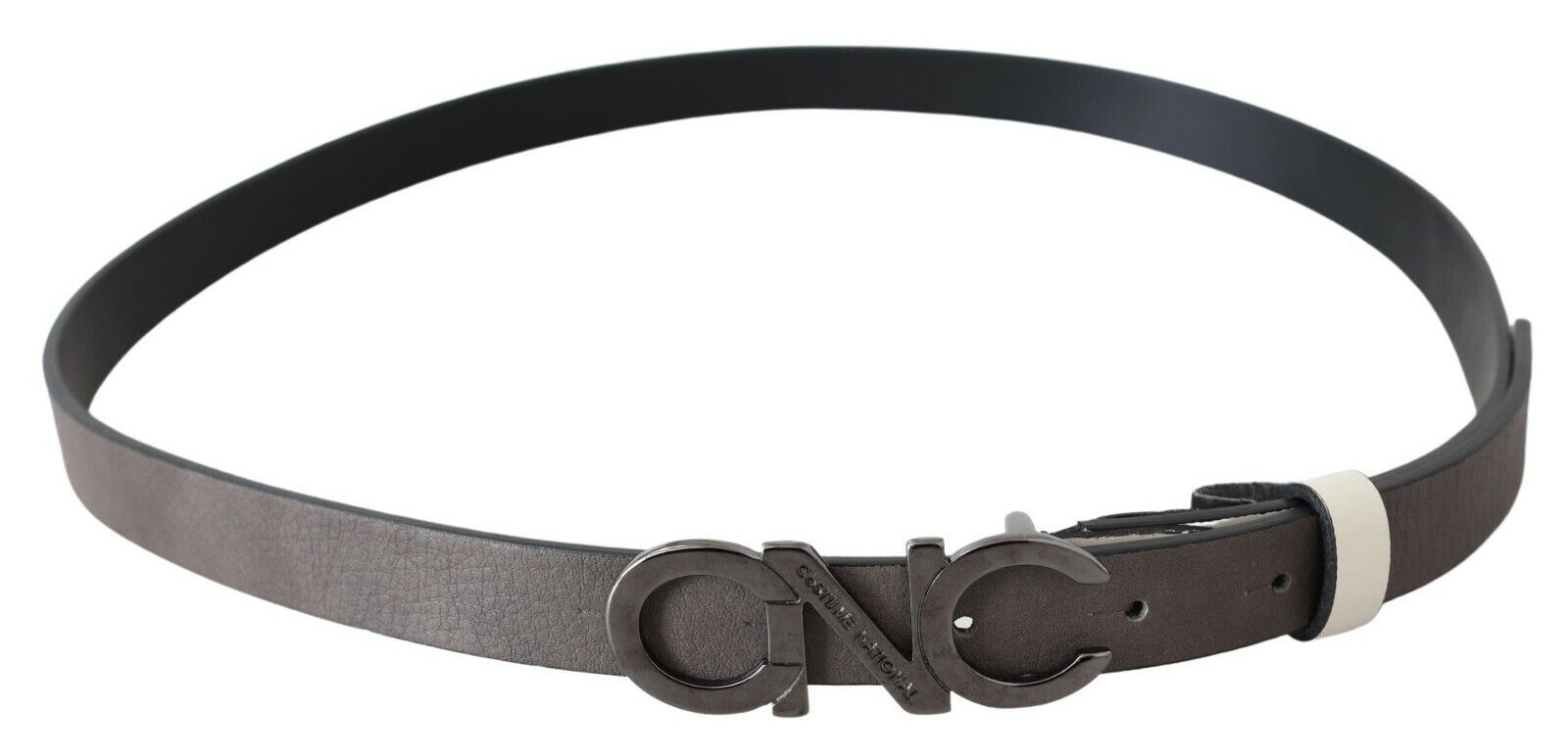 Costume National Women's Mettalic Gray Leather Logo Women's Belt