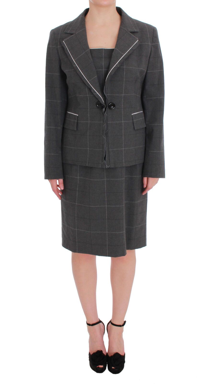 BENCIVENGA Gray Checkered Cotton Blazer Dress Set Women's Suit