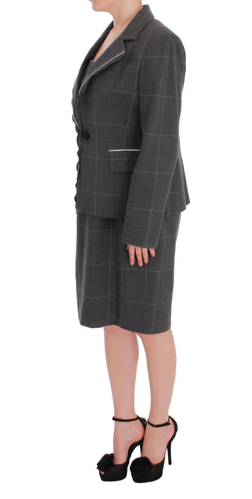 BENCIVENGA Gray Checkered Cotton Blazer Dress Set Women's Suit