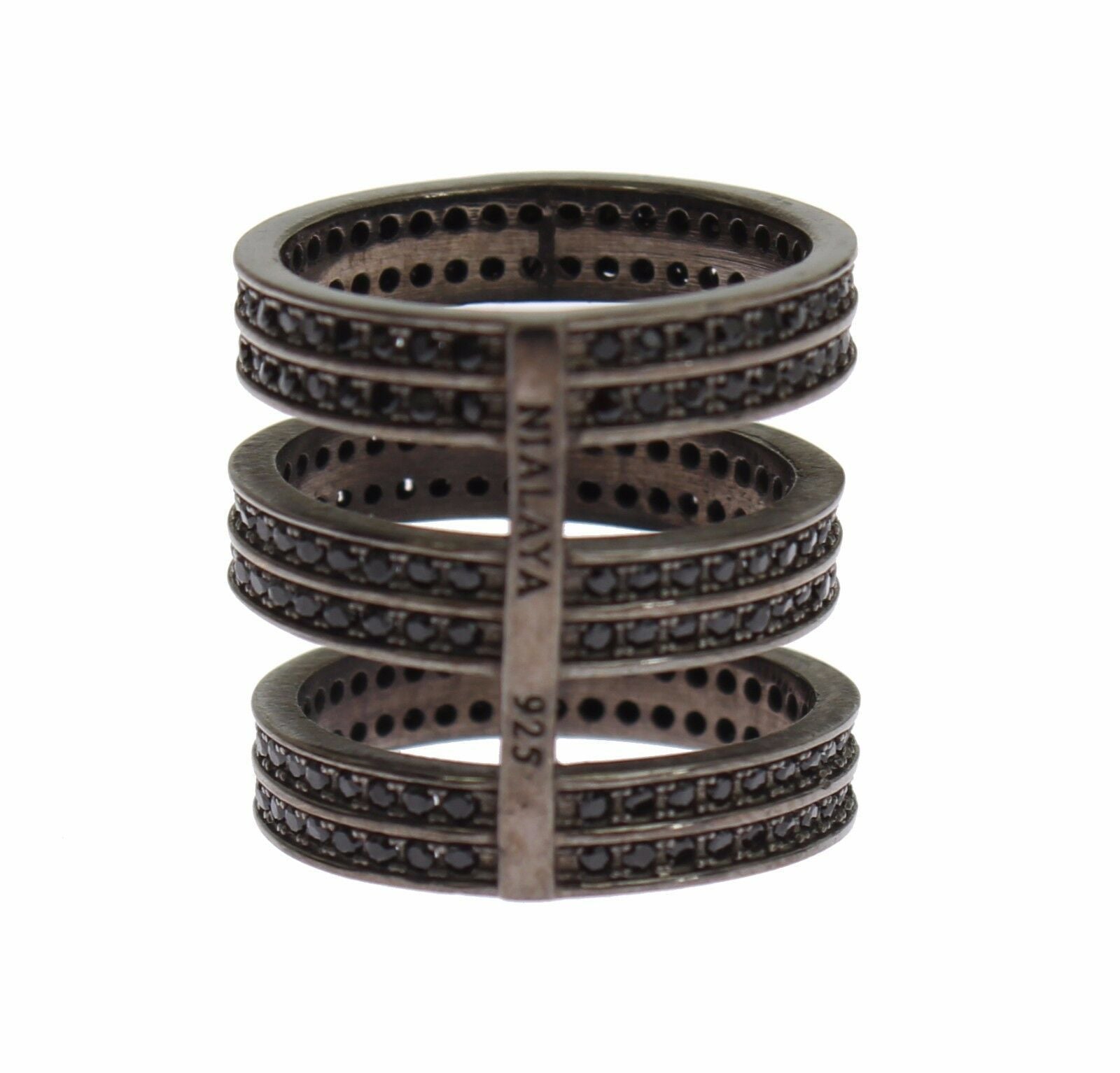 Nialaya Black CZ Rhodium 925 Silver Women's Ring