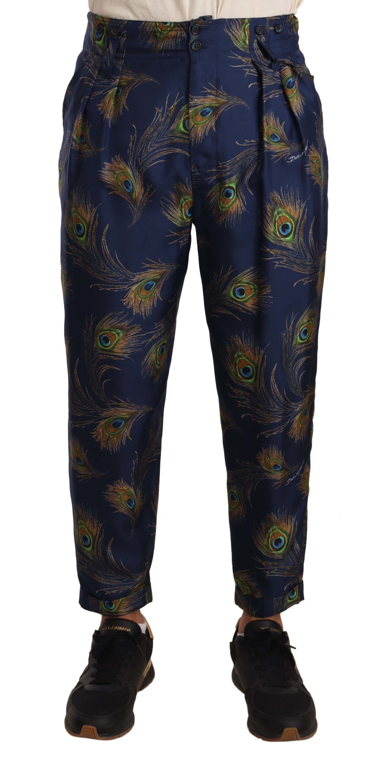 Dolce & Gabbana Exquisite Peacock Print Silk Men's Trousers