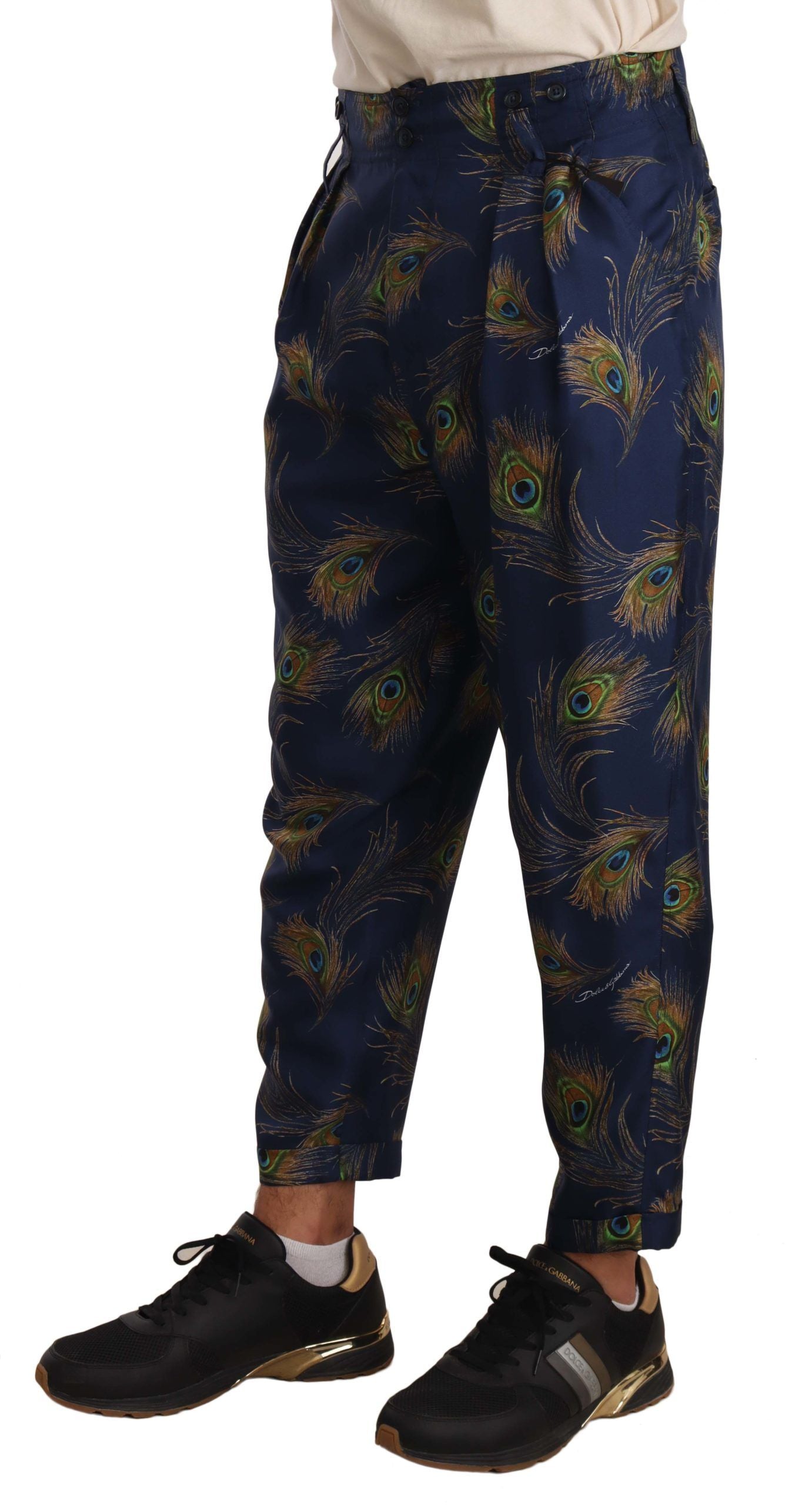 Dolce & Gabbana Exquisite Peacock Print Silk Men's Trousers