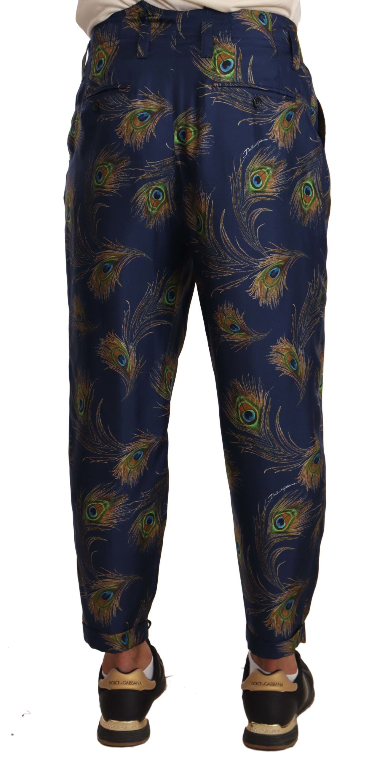 Dolce & Gabbana Exquisite Peacock Print Silk Men's Trousers