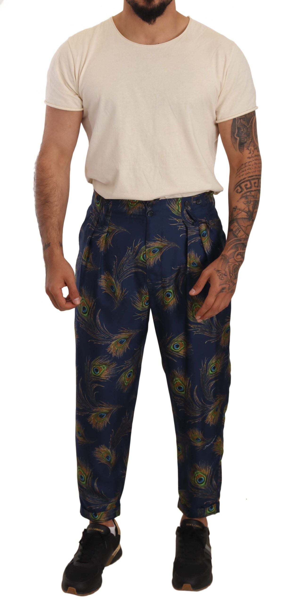Dolce & Gabbana Exquisite Peacock Print Silk Men's Trousers