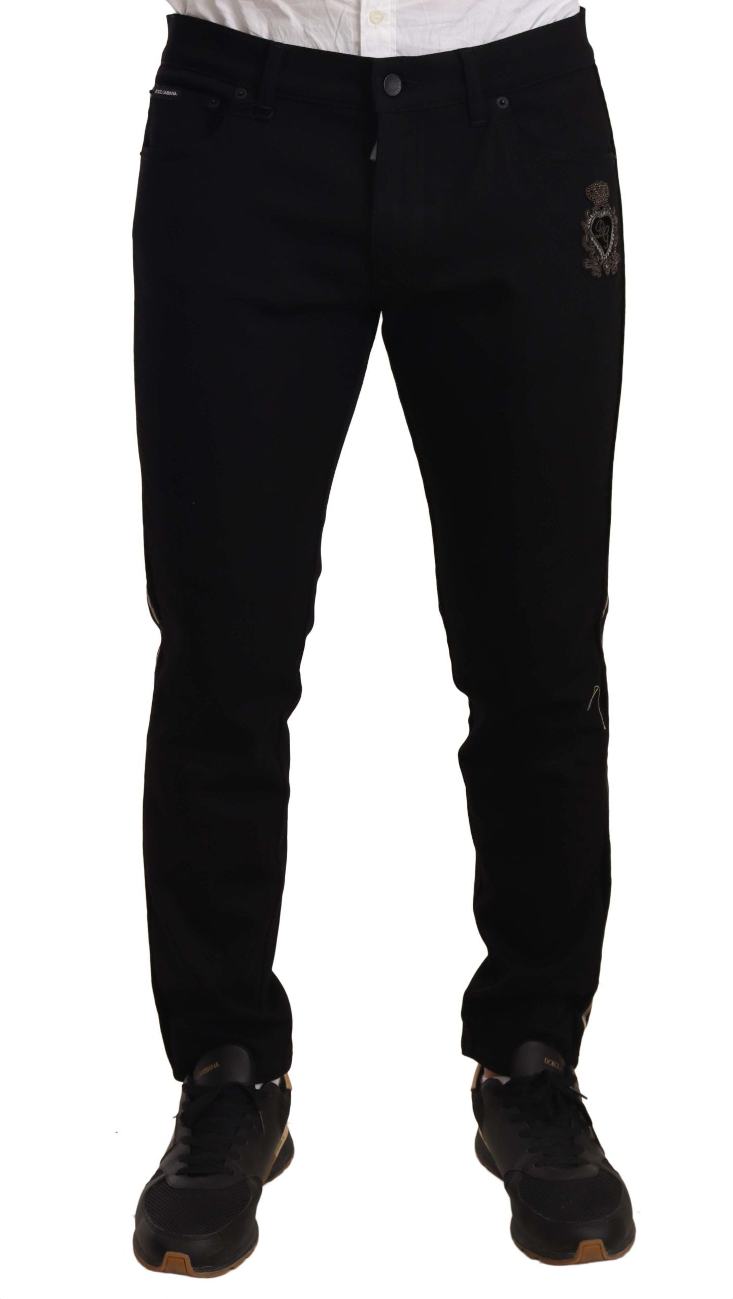 Dolce & Gabbana Heraldic Embroidered Slim Fit Black Men's Jeans