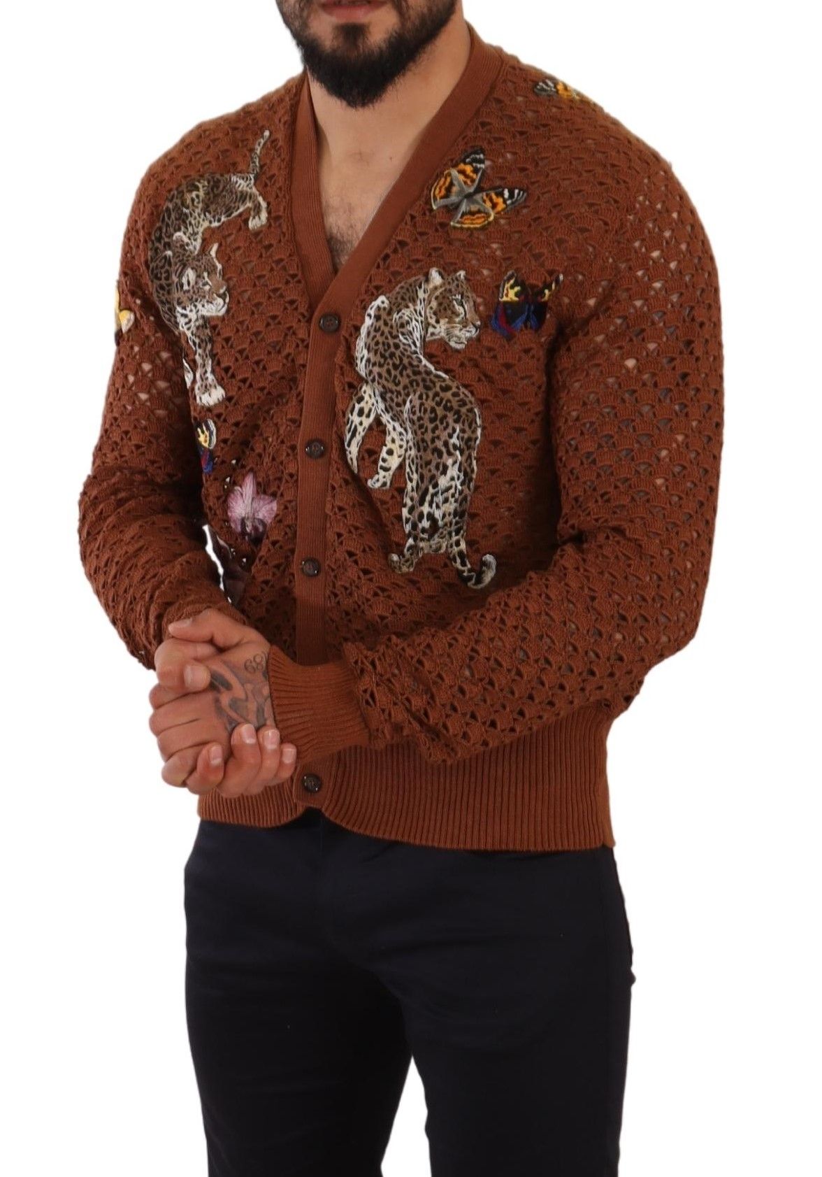 Dolce & Gabbana Brown Leopard Butterfly Cardigan Men's Sweater