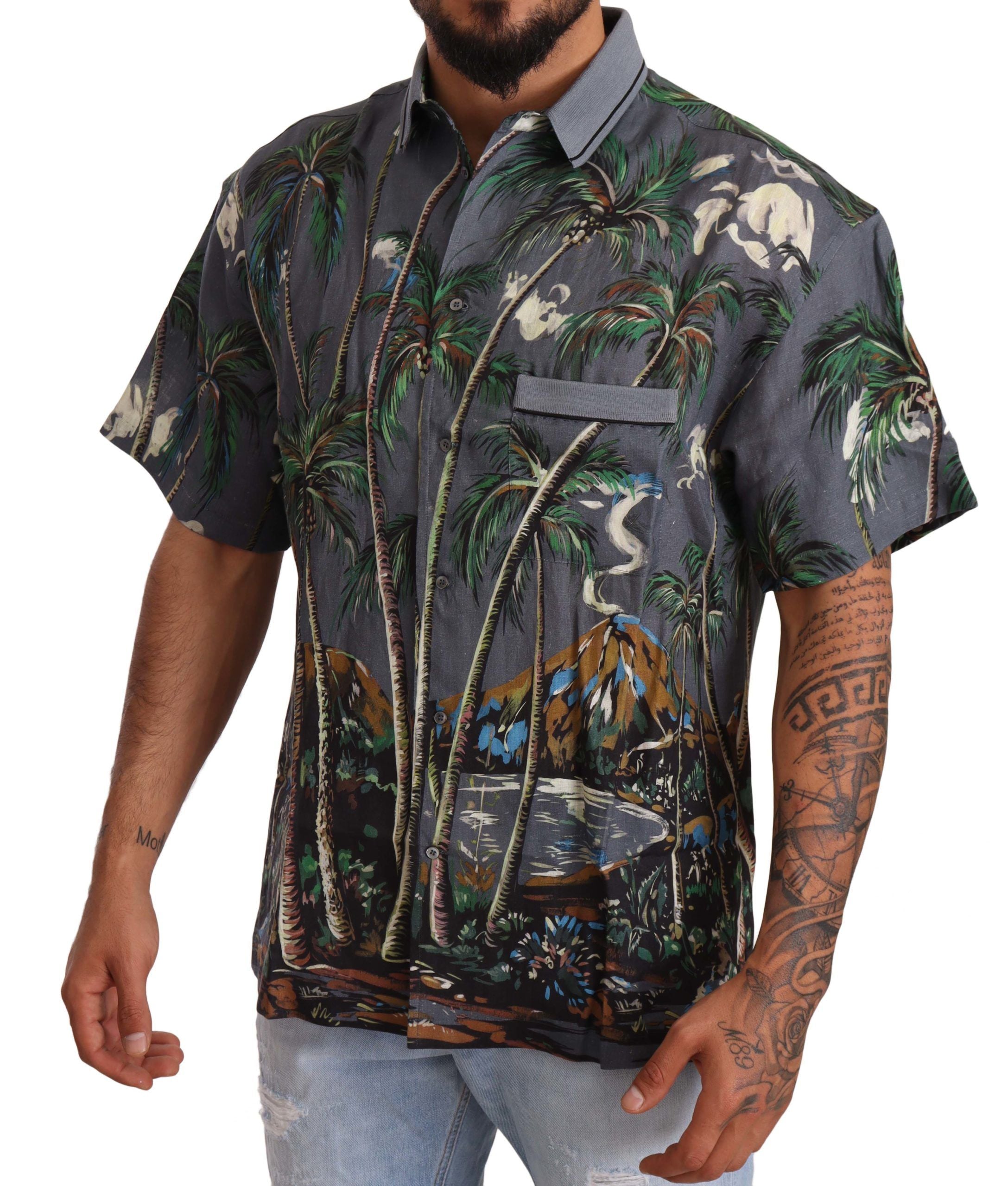 Dolce & Gabbana Gray Linen Tropical Print Collared Men's Shirt