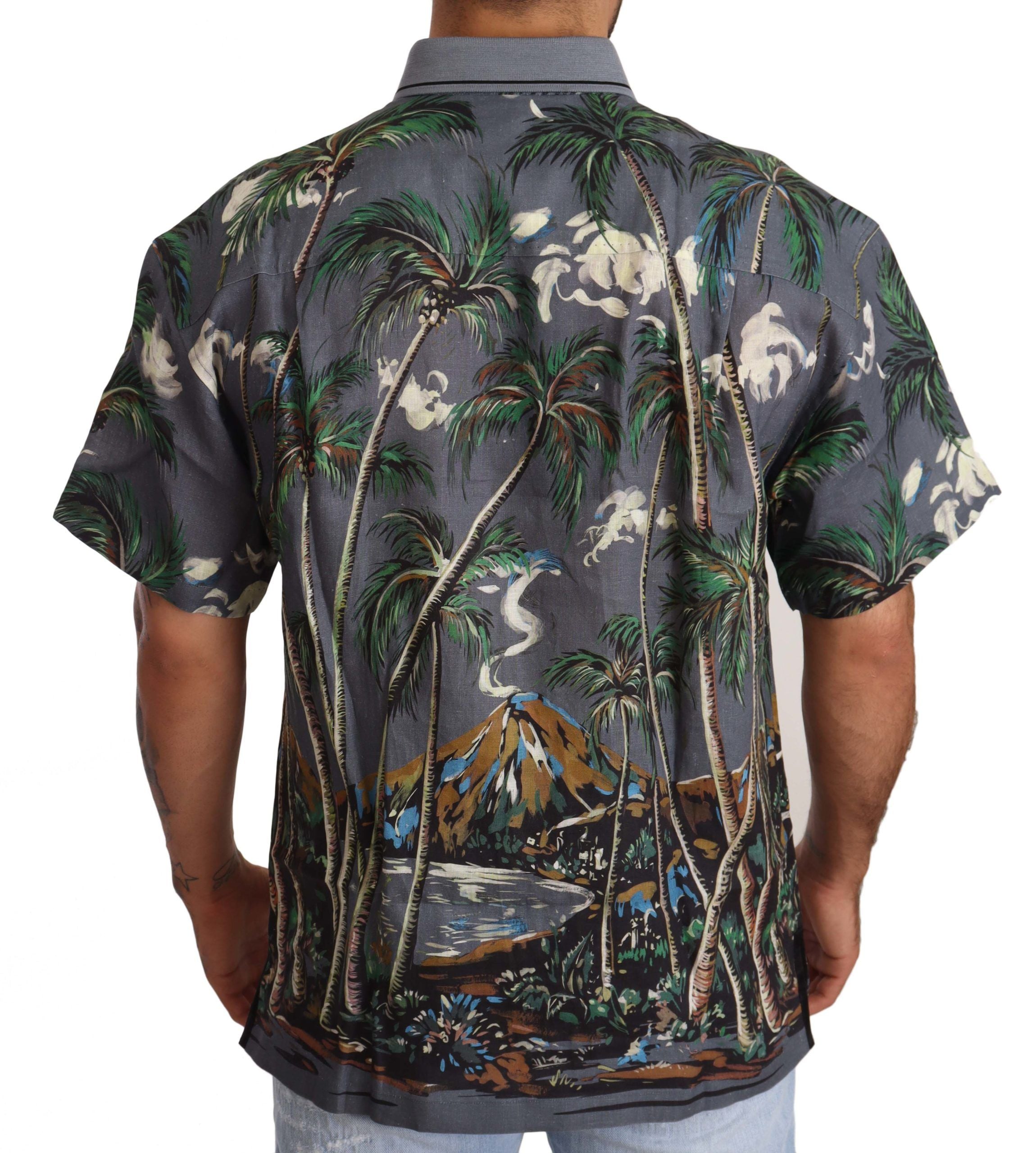 Dolce & Gabbana Gray Linen Tropical Print Collared Men's Shirt