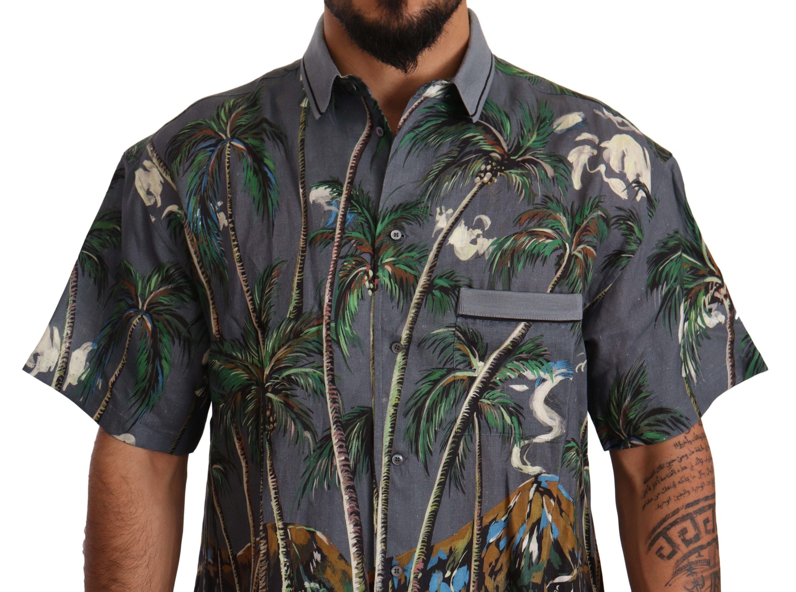 Dolce & Gabbana Gray Linen Tropical Print Collared Men's Shirt
