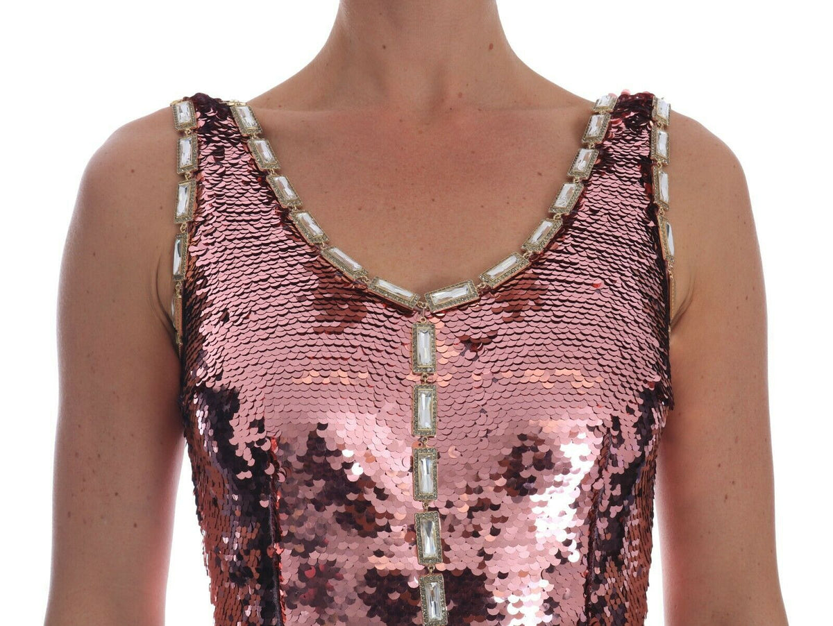 Dolce & Gabbana Pink Sequined Sheath Crystal Dress Women's Gown