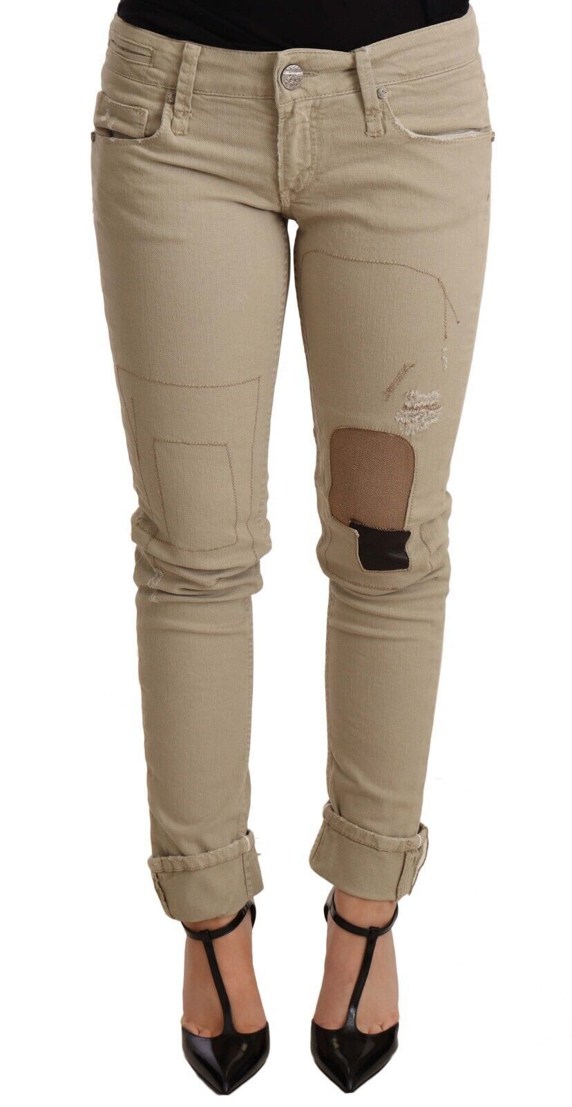 Acht Beige Denim Cotton Bottom Slim Fit Folded Women's Pant