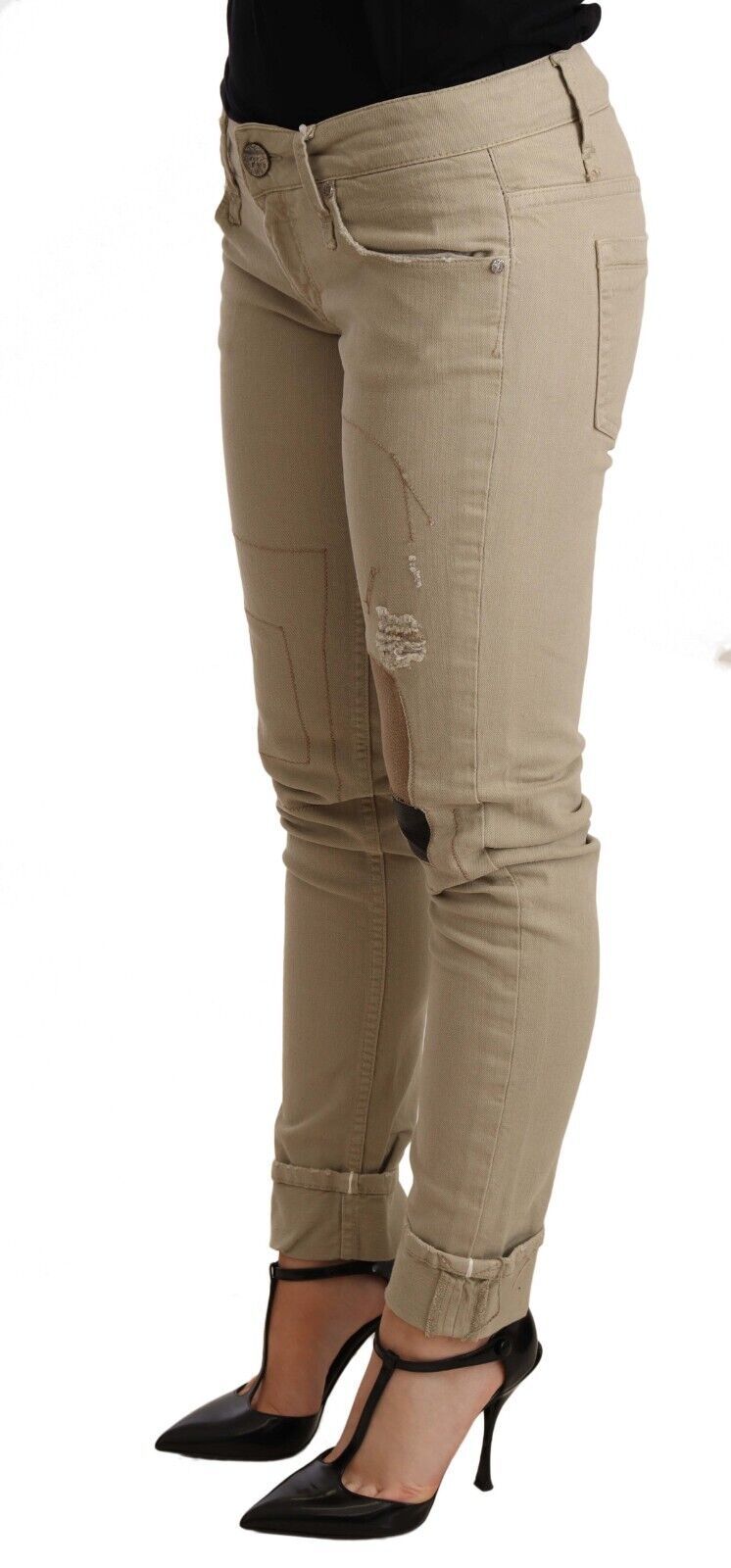 Acht Beige Denim Cotton Bottom Slim Fit Folded Women's Pant