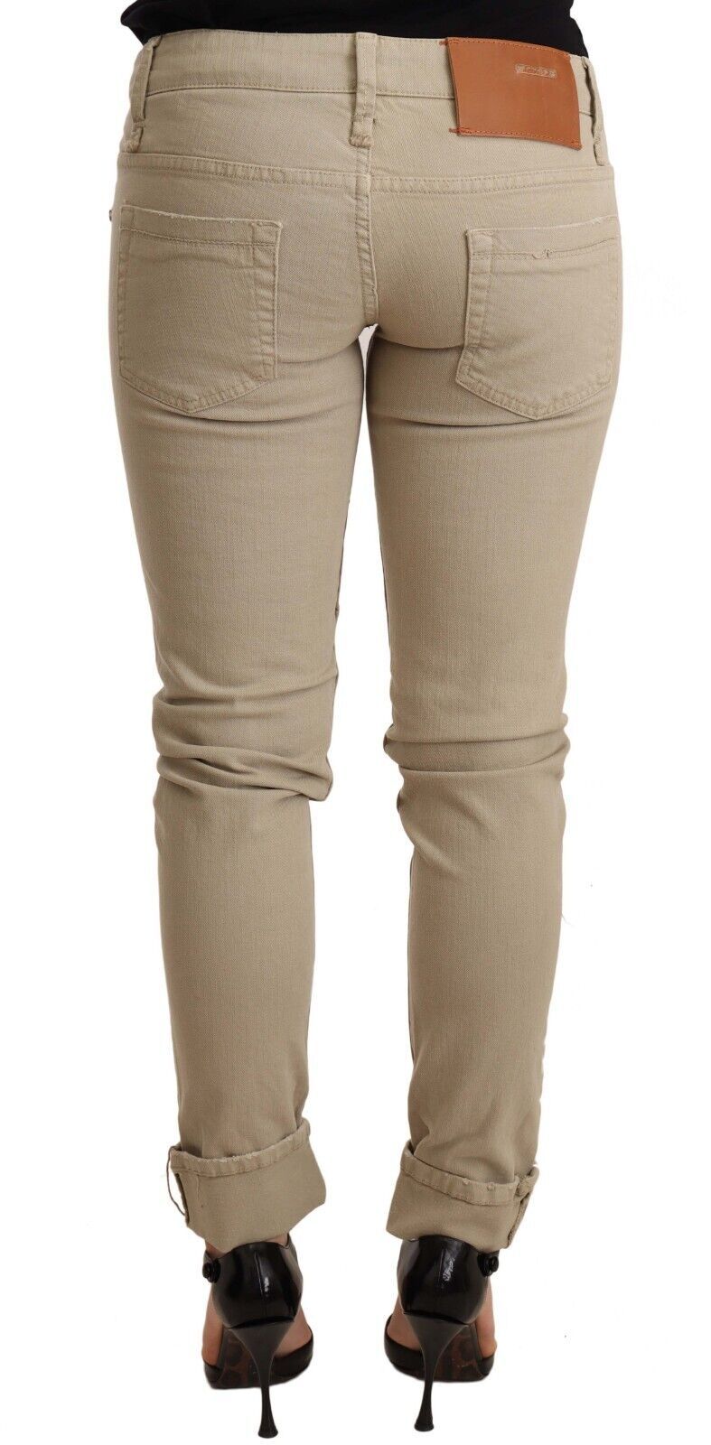 Acht Beige Denim Cotton Bottom Slim Fit Folded Women's Pant