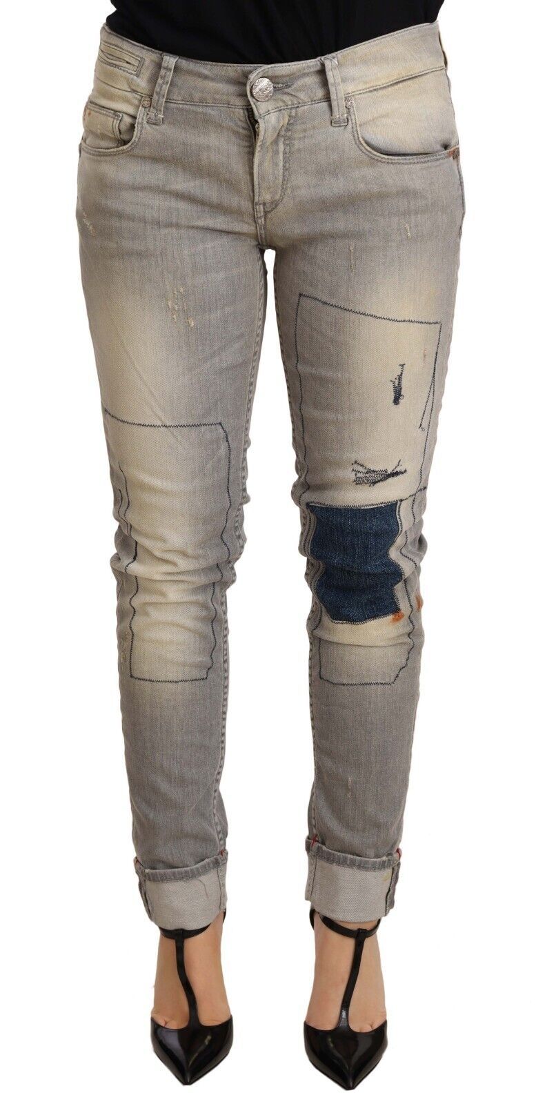 Acht Gray Cotton Slim Fit Folded Hem Women Denim Women's Pant