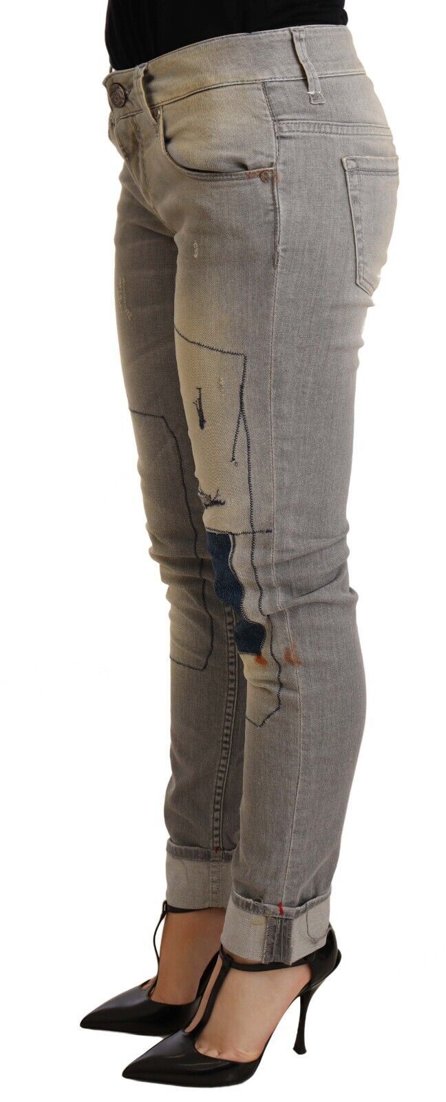 Acht Gray Cotton Slim Fit Folded Hem Women Denim Women's Pant