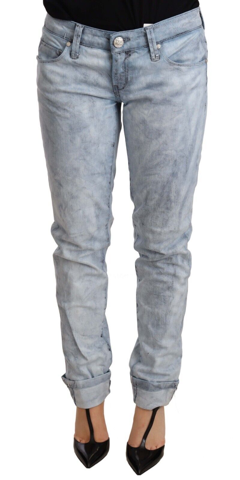 Acht Light Blue Washed Cotton Folded Hem Denim Women's Trouser