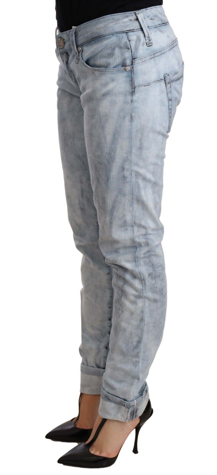 Acht Light Blue Washed Cotton Folded Hem Denim Women's Trouser