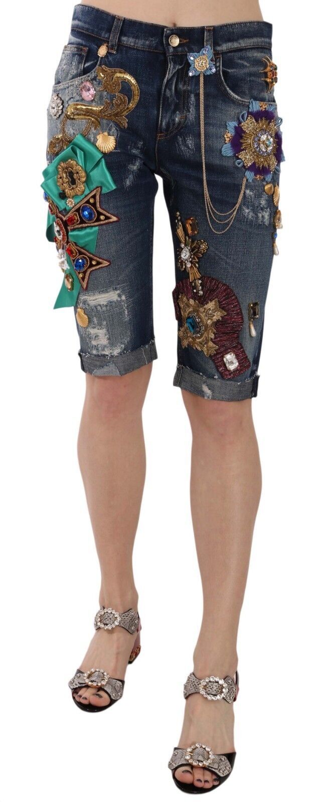 Dolce & Gabbana Blue Denim Mid Waist Crystal Capri Women's Shorts
