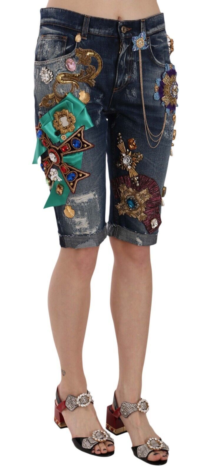 Dolce & Gabbana Blue Denim Mid Waist Crystal Capri Women's Shorts