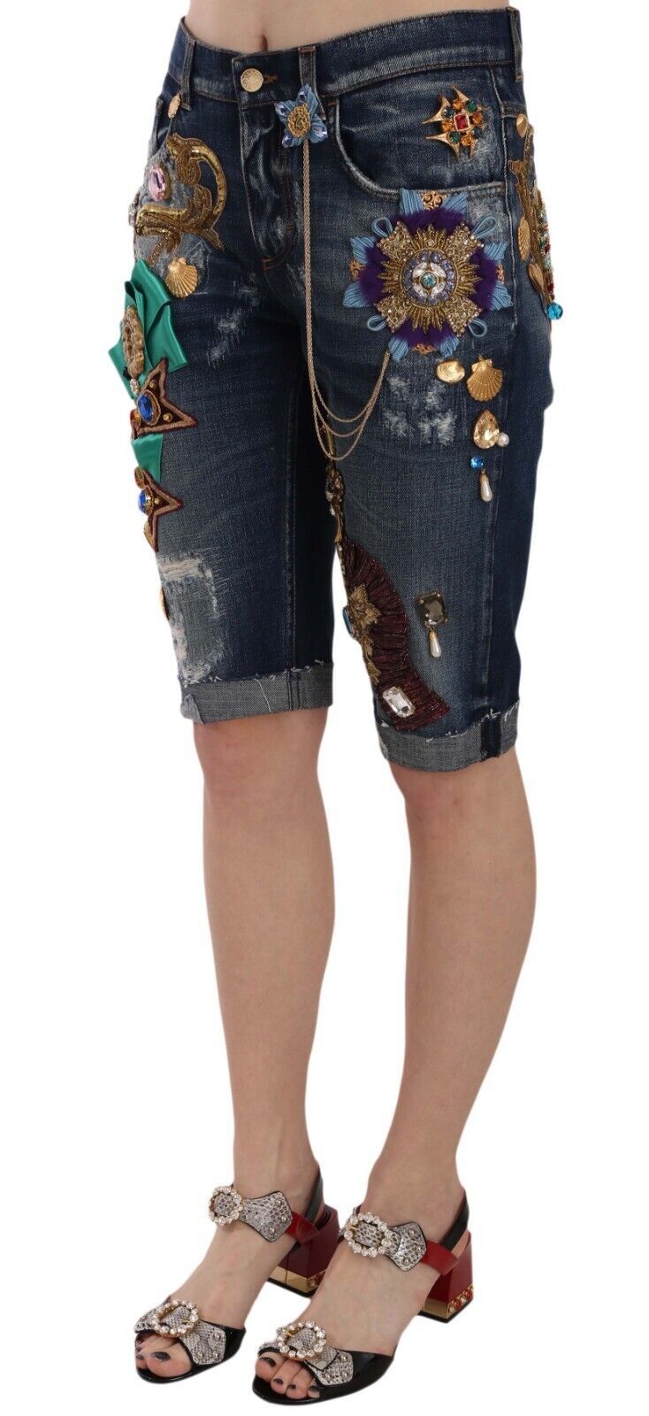 Dolce & Gabbana Blue Denim Mid Waist Crystal Capri Women's Shorts