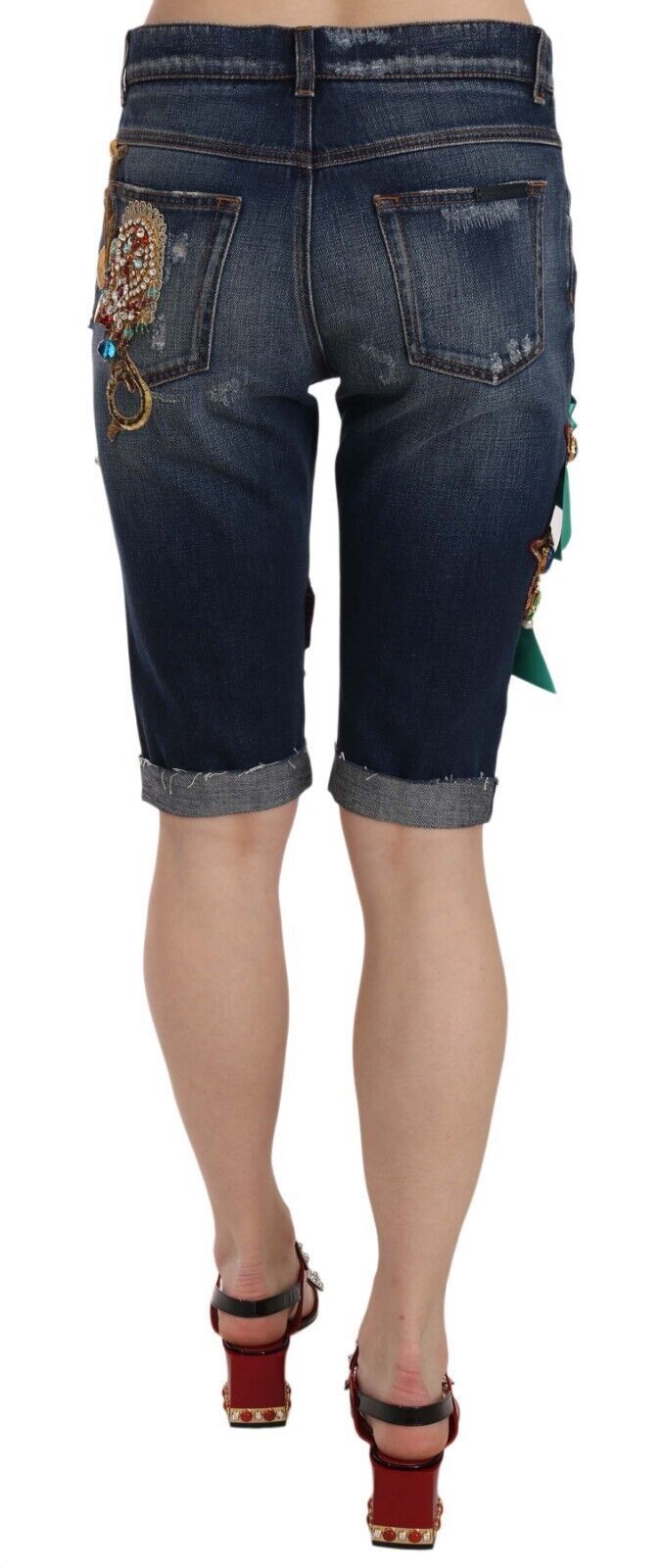 Dolce & Gabbana Blue Denim Mid Waist Crystal Capri Women's Shorts