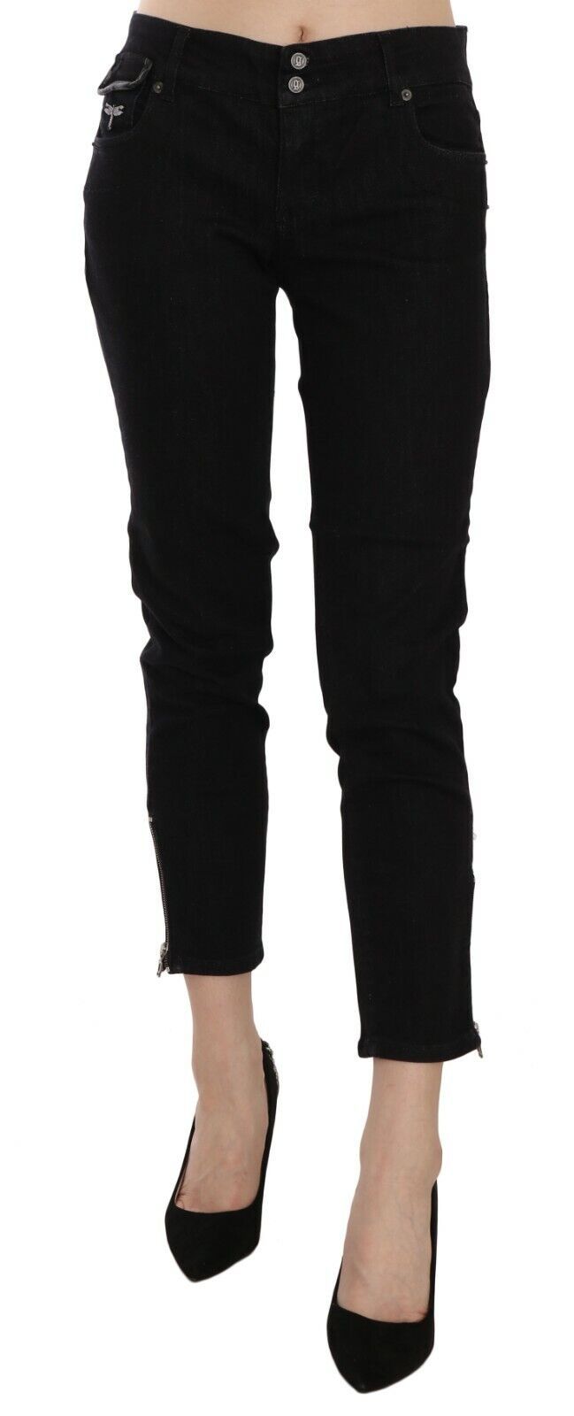 John Galliano Black Mid Waist Cropped Cut Hem Denim Casual Women's Pants