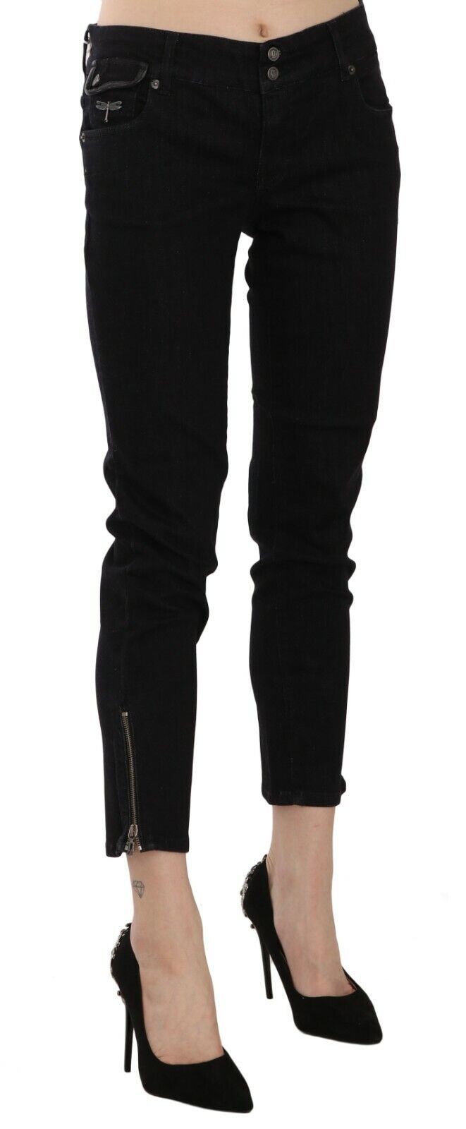 John Galliano Black Mid Waist Cropped Cut Hem Denim Casual Women's Pants