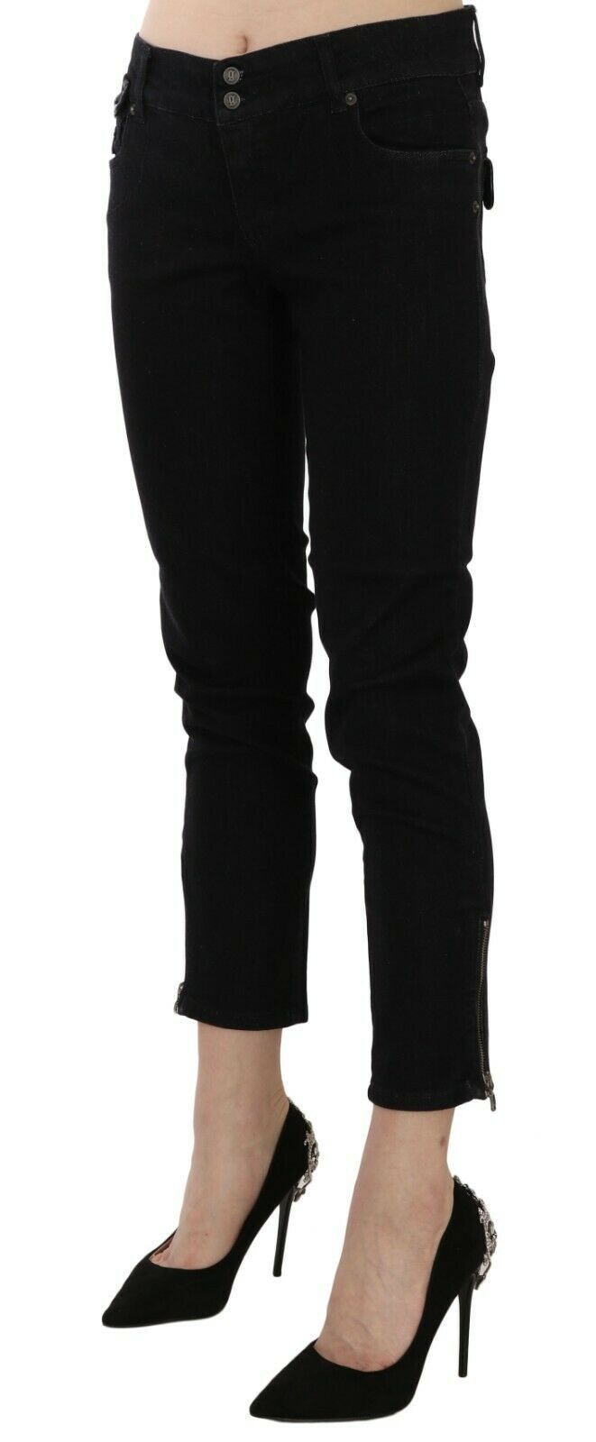 John Galliano Black Mid Waist Cropped Cut Hem Denim Casual Women's Pants