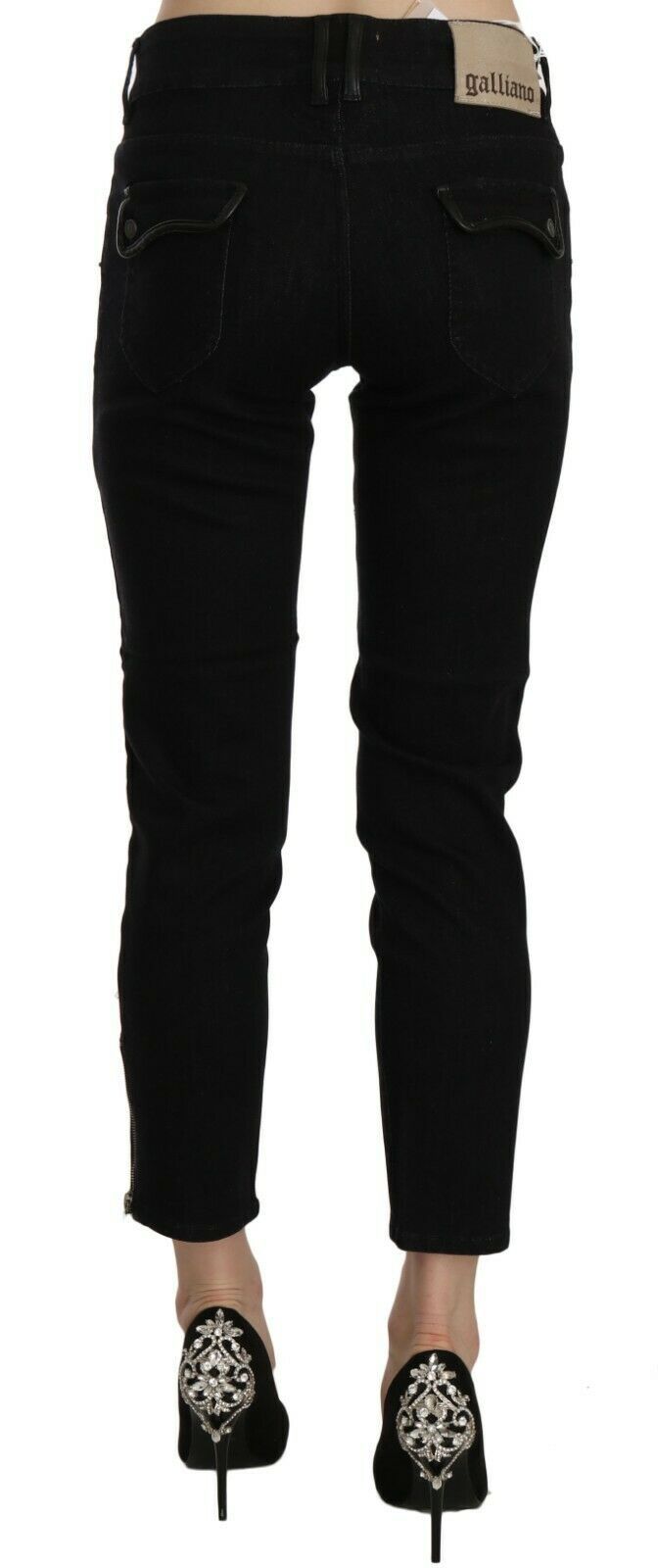 John Galliano Black Mid Waist Cropped Cut Hem Denim Casual Women's Pants